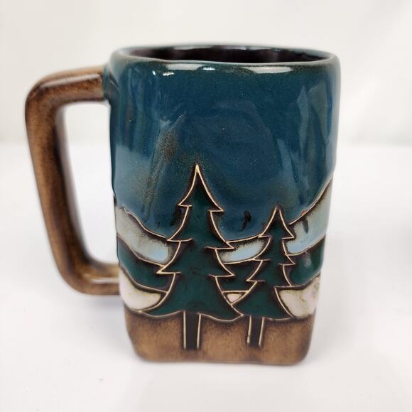 Mara Mexico Pottery Stoneware Square Mug Moose Pine Trees Moon Stars - Signed - Picture 3 of 7